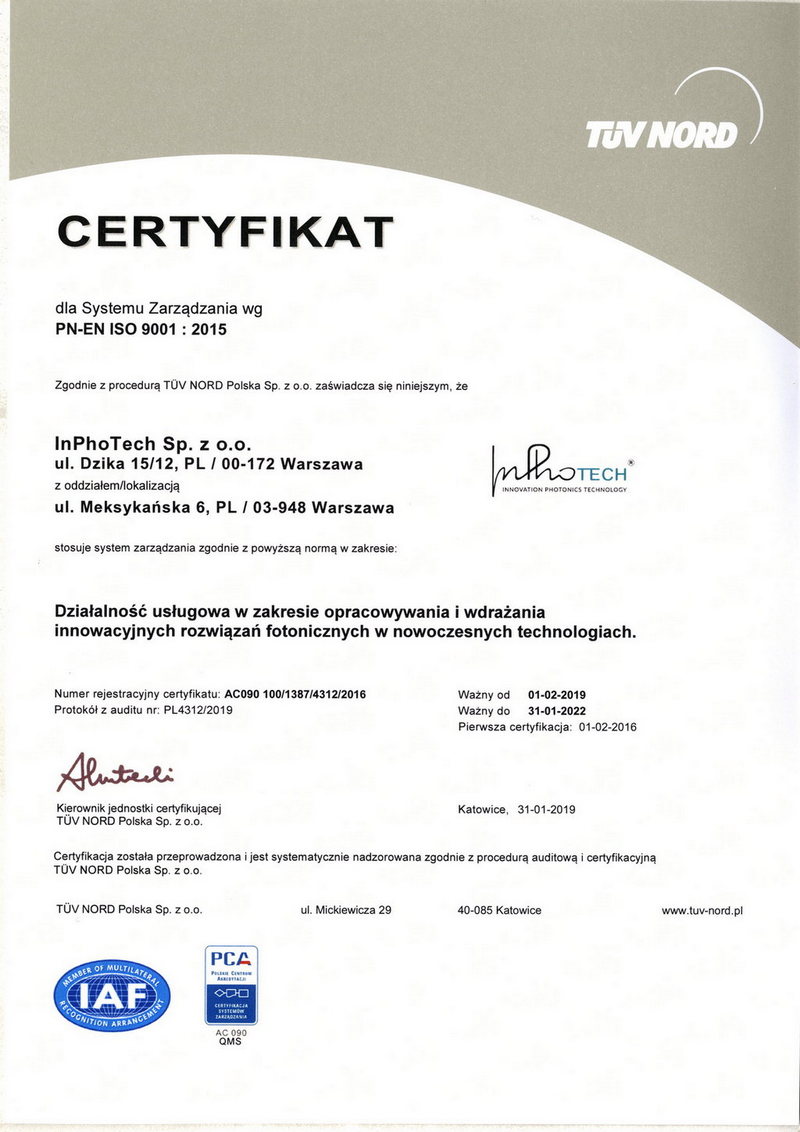 Certyfikat zgodności z normą  ISO 9001:2015